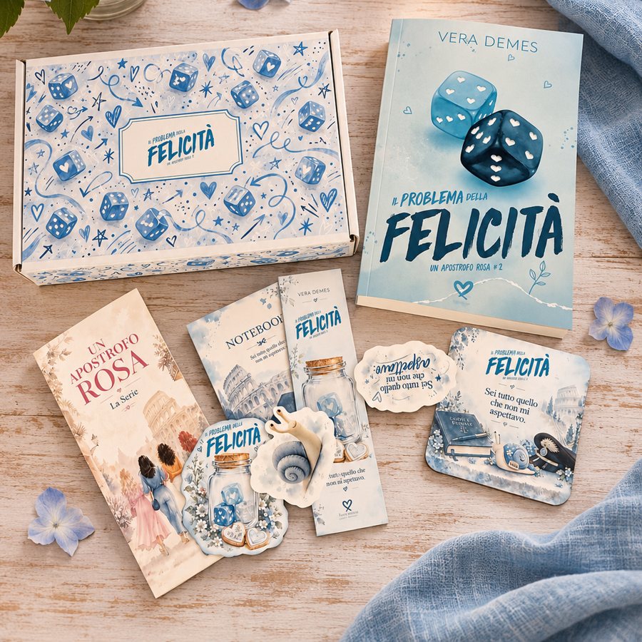 La scatola decorata de Il problema della felicità con il libro, il segnalibro, il taccuino e i gadget