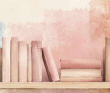 Uno scaffale ad acquerello con libri rosa
