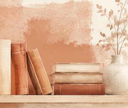 Uno scaffale ad acquerello con libri color terracotta e un vaso