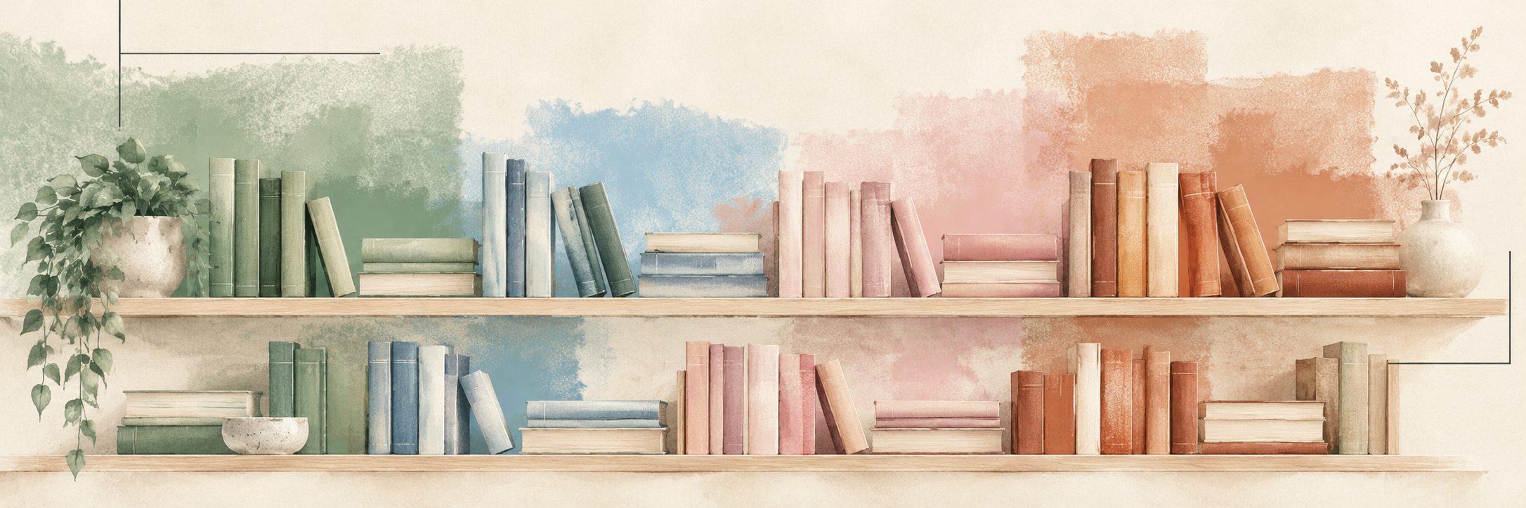 Uno scaffale ad acquerello con i libri divisi in quattro colori: verde, azzurro, rosa e terracotta