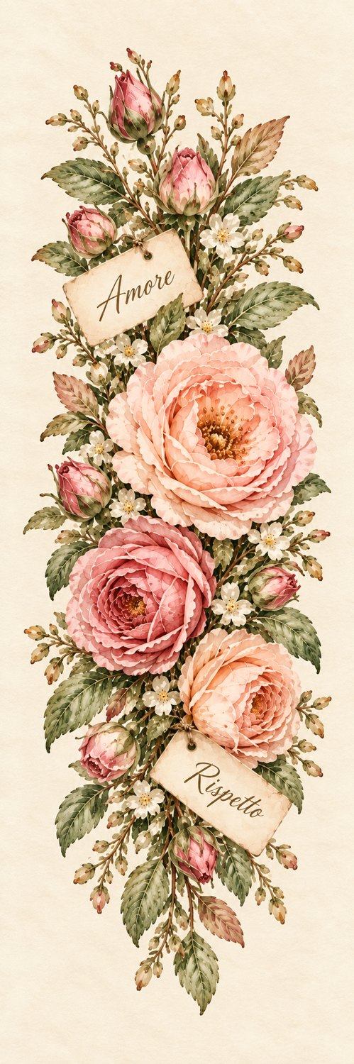 Il segnalibro di Vera Demes: rose ad acquerello con i cartellini Amore e Rispetto